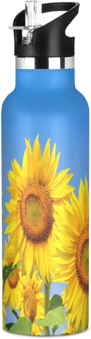 Boys Water Bottle with Straw Reusable Tumbler for Toddlers 20oz Kids Insulated Cups Leak Proof Double Wall 304 Stainless Steel Water Flask School Bottle,Young Sunflowers Bloom