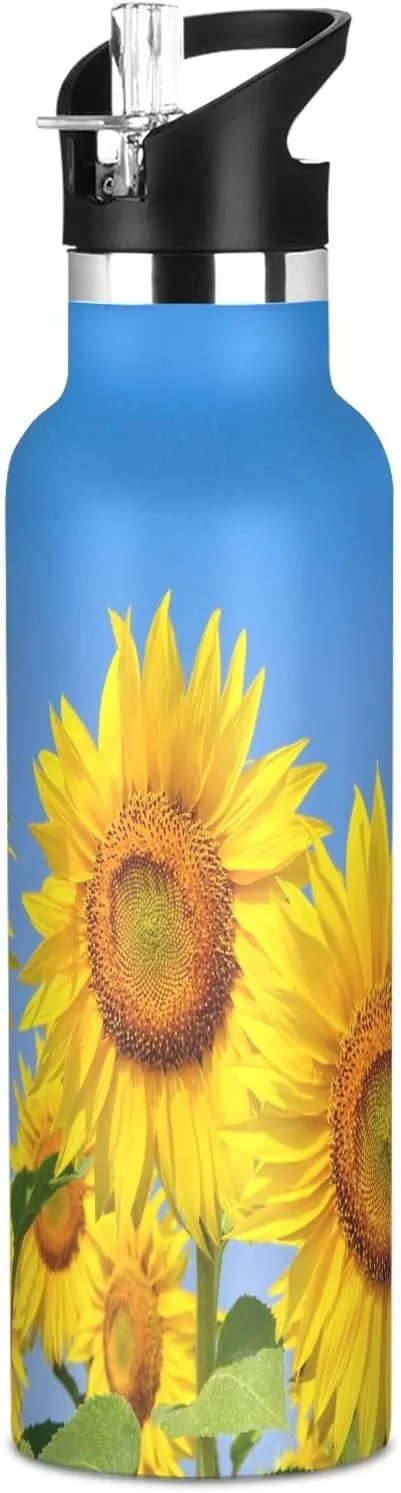 Boys Water Bottle with Straw Reusable Tumbler for Toddlers 20oz Kids Insulated Cups Leak Proof Double Wall 304 Stainless Steel Water Flask School Bottle,Young Sunflowers Bloom