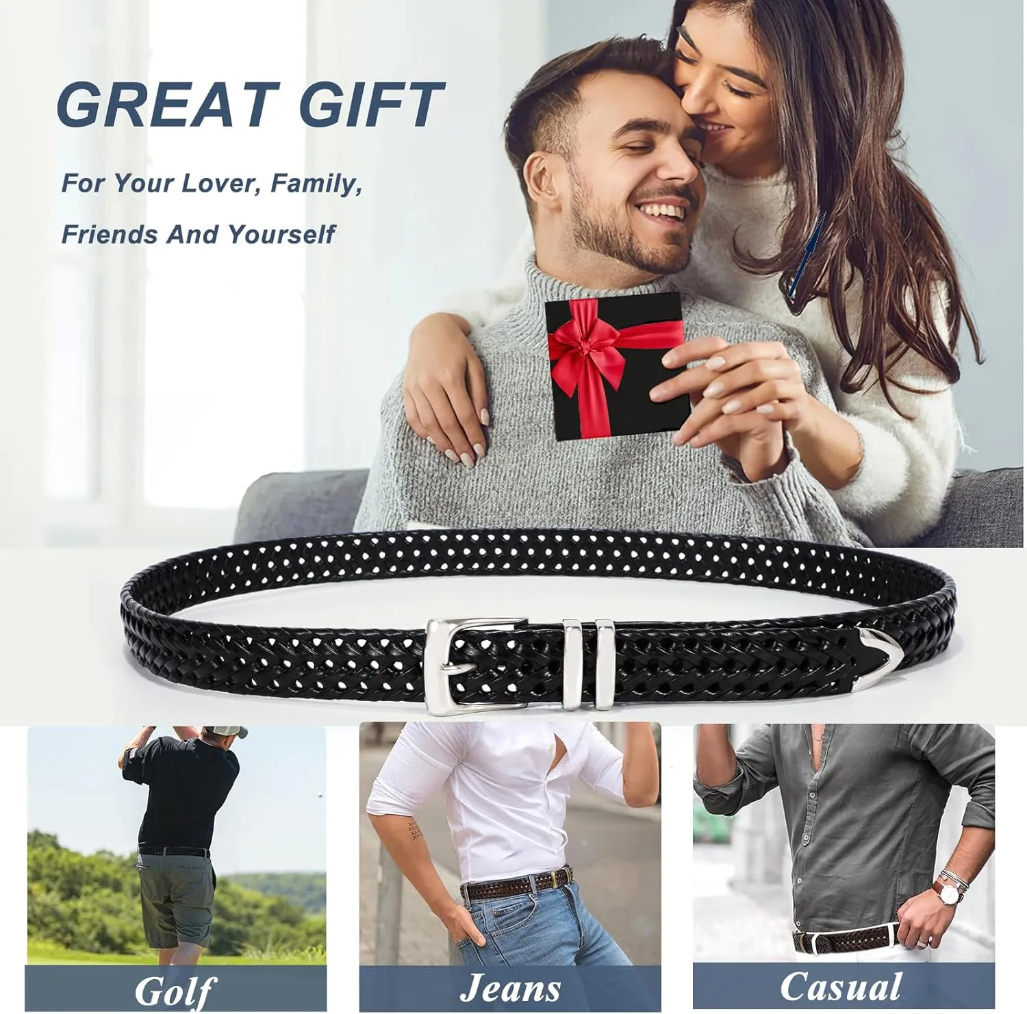 Braided Leather Belt for Men Casual Jeans Golf, Men's Leather Woven Alloy Buckle Hand Braided Belts Gift for Men