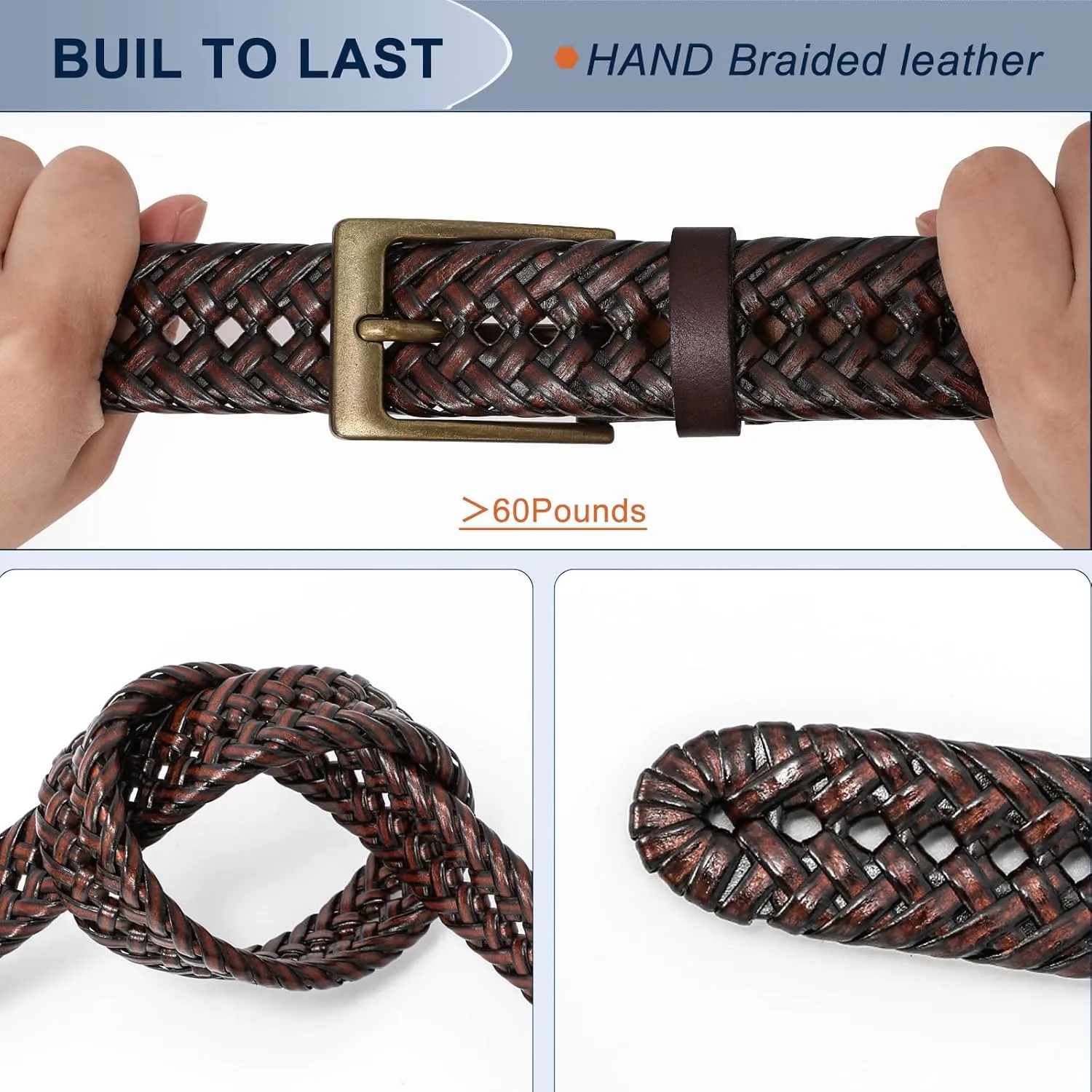 Braided Leather Belt for Men Casual Jeans Golf, Men's Leather Woven Alloy Buckle Hand Braided Belts Gift for Men