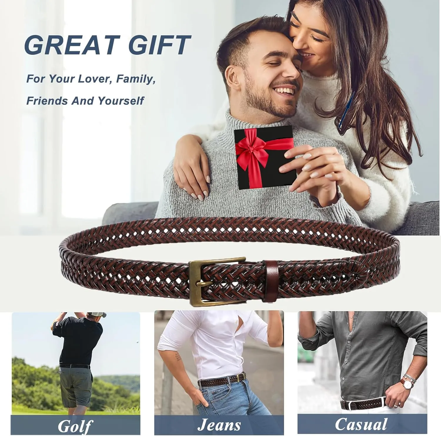 Braided Leather Belt for Men Casual Jeans Golf, Men's Leather Woven Alloy Buckle Hand Braided Belts Gift for Men