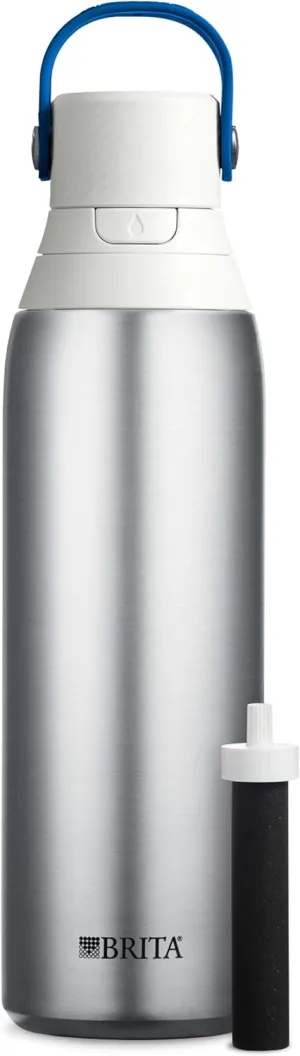 Brita Stainless Steel Premium Filtering Water Bottle, BPA-Free, Replaces 300 Plastic Water Bottles, Filter Lasts 2 Months or 40 Gallons, Includes 1 Filter, Kitchen Accessories, Stainless - 20 oz.