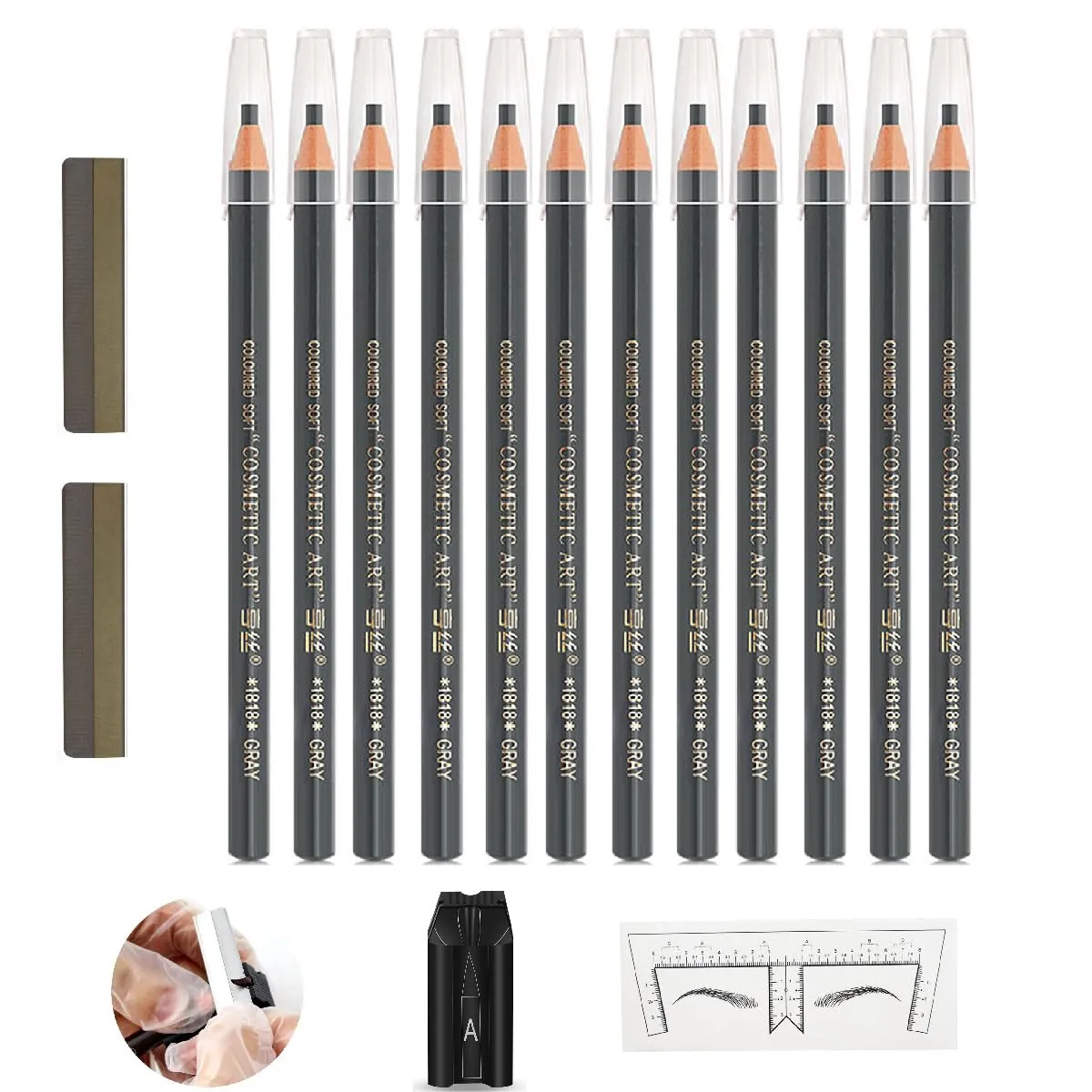Brow Pencil Mapping Kit 12pcs Microblading Eyebrows Pencil 1pc Permanent Makeup Eyebrow Pencil Duckbill Sharpener 2pcs Razors 10pcs Eyebrow Mapping Stickers (Grey Pencil)