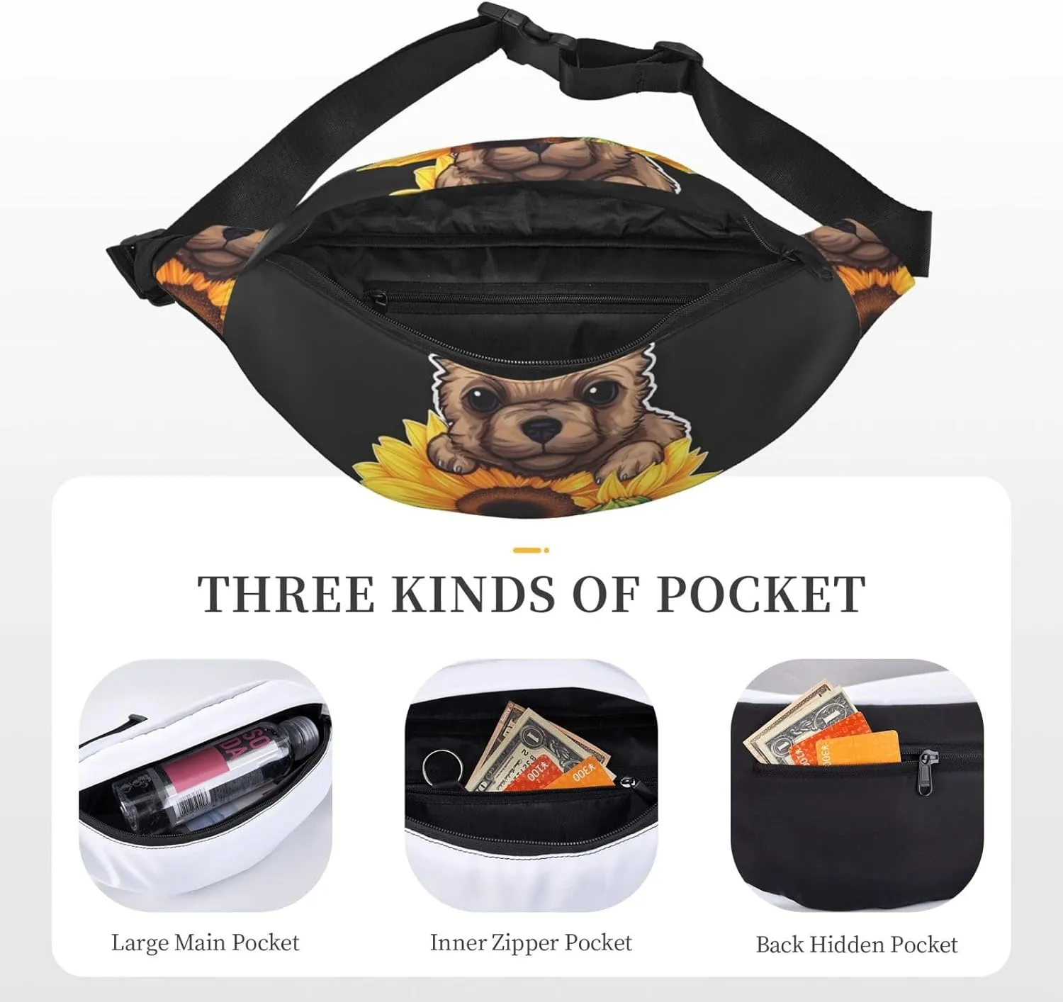 Bumbag Fanny Pack for Women Men Waist Pack Fashion Bum Bag Two Rabbits in Garland Waist Bag for Sport Hiking Travel, Sunflower Puppy Sticker, One Size