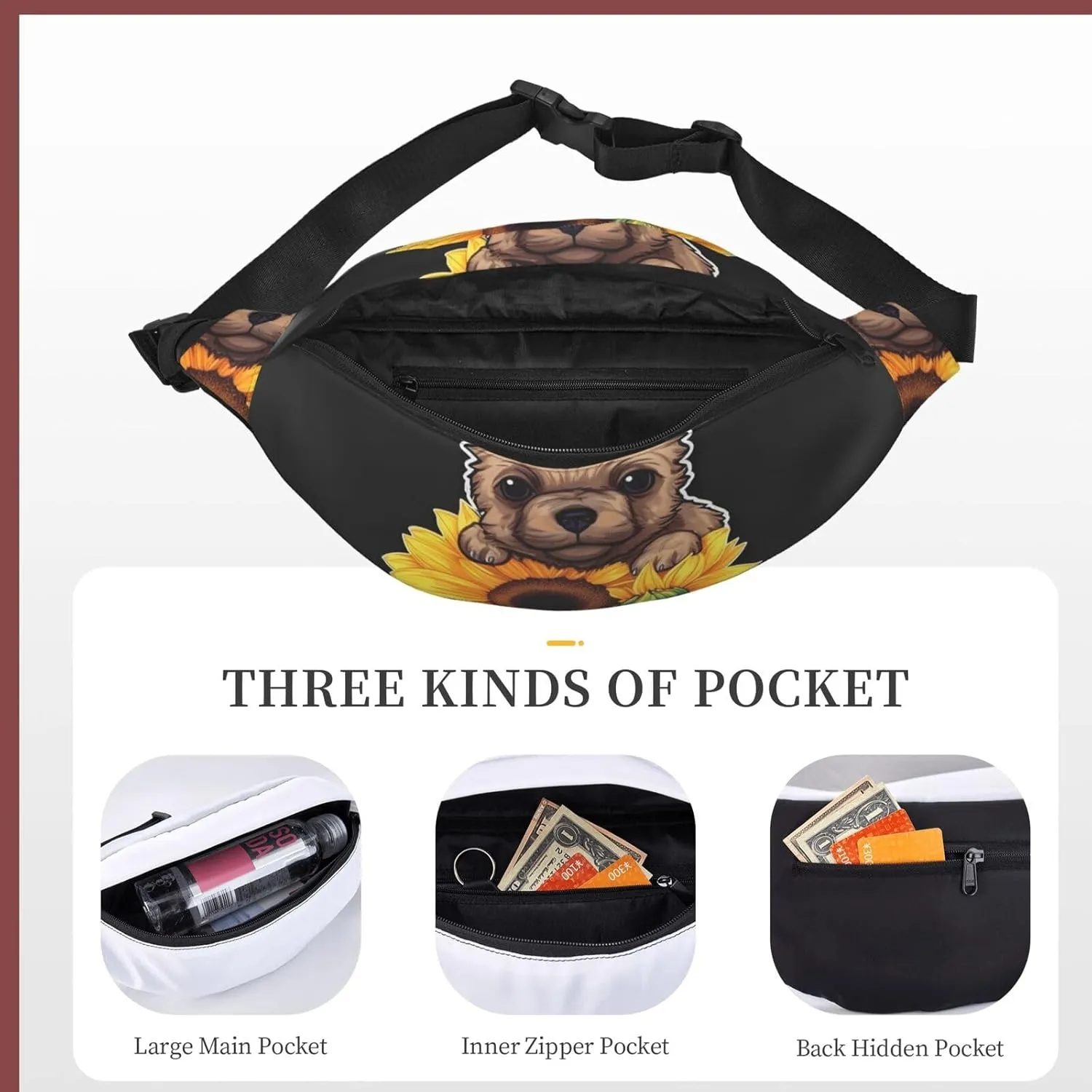 Bumbag Fanny Pack for Women Men Waist Pack Fashion Bum Bag Two Rabbits in Garland Waist Bag for Sport Hiking Travel, Sunflower Puppy Sticker, One Size