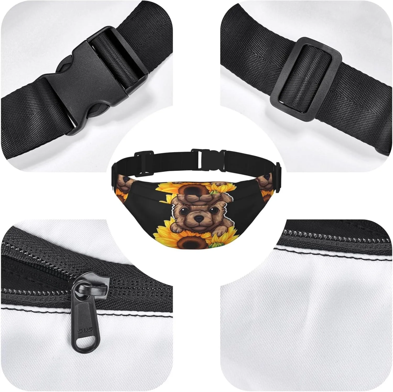 Bumbag Fanny Pack for Women Men Waist Pack Fashion Bum Bag Two Rabbits in Garland Waist Bag for Sport Hiking Travel, Sunflower Puppy Sticker, One Size