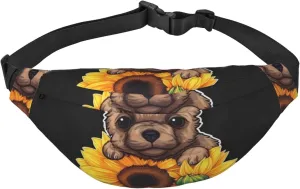 Bumbag Fanny Pack for Women Men Waist Pack Fashion Bum Bag Two Rabbits in Garland Waist Bag for Sport Hiking Travel, Sunflower Puppy Sticker, One Size