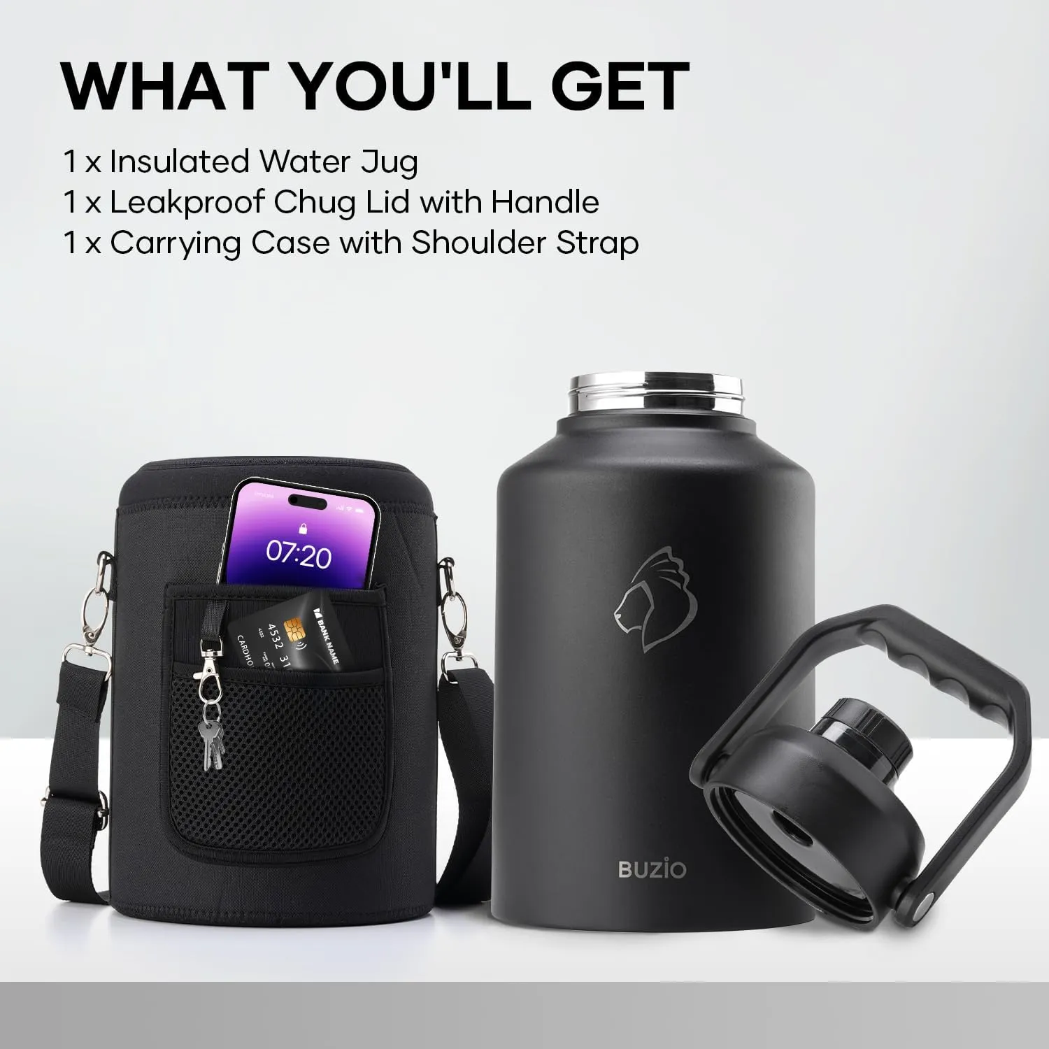 BUZIO 1 Gallon Water Bottle Insulated, (Cold for 48 Hrs) 3.58in Big Wide Mouth Leak Proof, 128oz Large Water Jug Stainless Steel Metal Flask with Handle for Camping,Outdoor Work,Travel,Hiking, Black