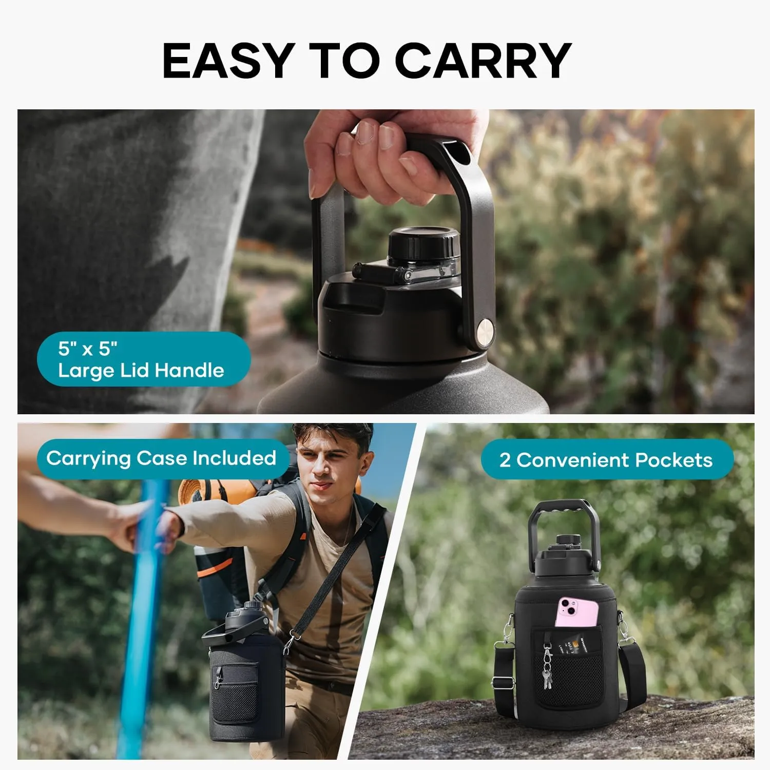 BUZIO 1 Gallon Water Bottle Insulated, (Cold for 48 Hrs) 3.58in Big Wide Mouth Leak Proof, 128oz Large Water Jug Stainless Steel Metal Flask with Handle for Camping,Outdoor Work,Travel,Hiking, Black