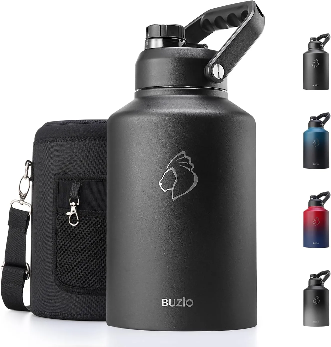 BUZIO 1 Gallon Water Bottle Insulated, (Cold for 48 Hrs) 3.58in Big Wide Mouth Leak Proof, 128oz Large Water Jug Stainless Steel Metal Flask with Handle for Camping,Outdoor Work,Travel,Hiking, Black