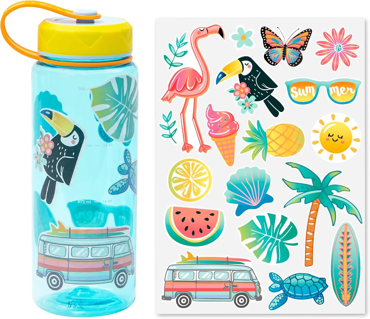 bzyoo HydroPop 36oz Water Bottle w/Personalized Stickers - Leak-Proof, Water Tracking Measurement, Wide Mouth for Ice. Personalized for Gym, School, Work BPA Free - Color Blue