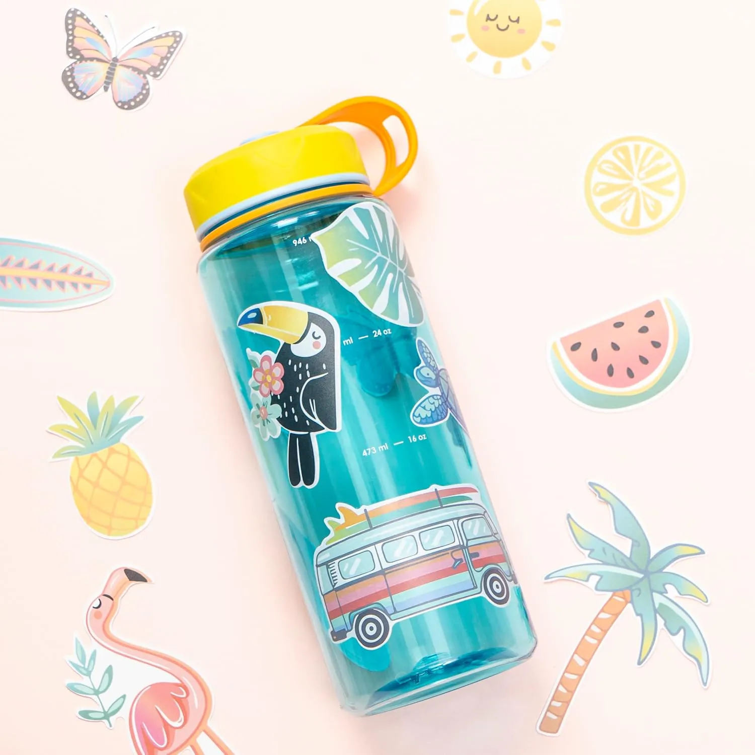 bzyoo HydroPop 36oz Water Bottle w/Personalized Stickers - Leak-Proof, Water Tracking Measurement, Wide Mouth for Ice. Personalized for Gym, School, Work BPA Free - Color Blue
