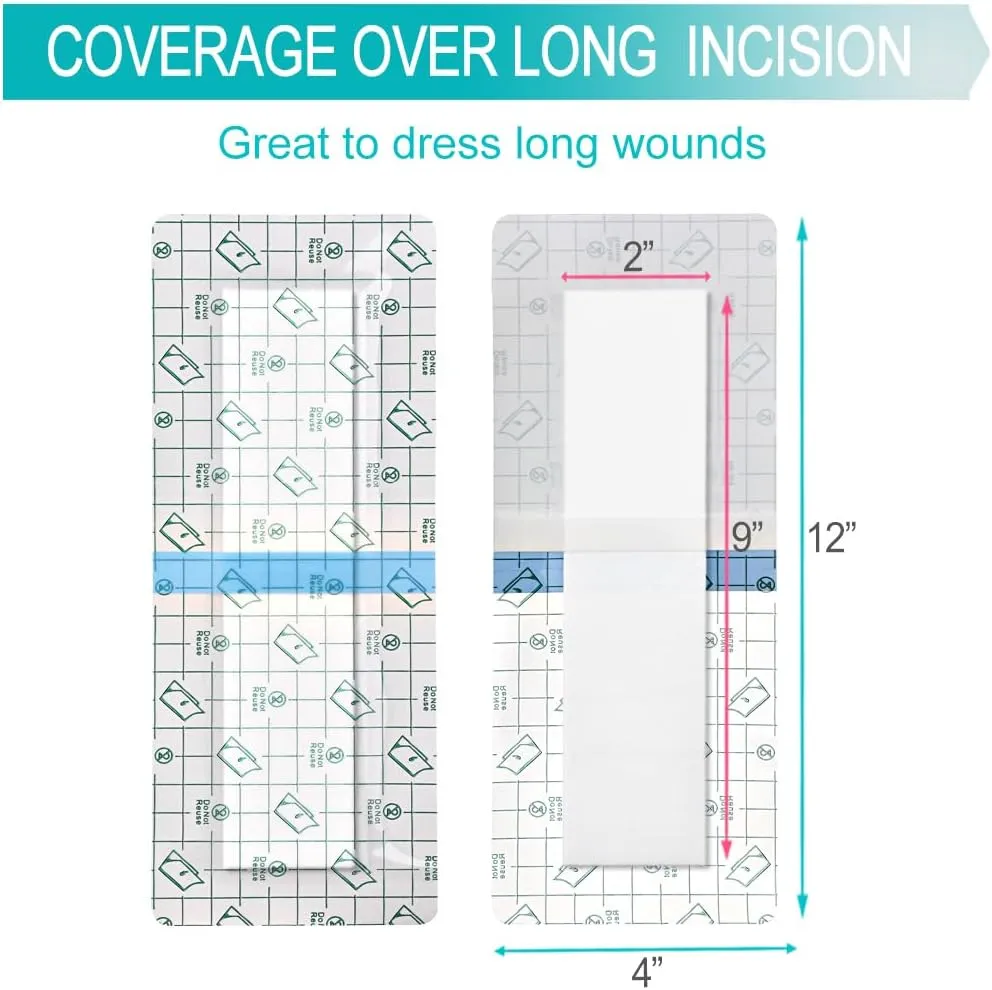 C-Section Waterproof Abdominal Incision Bandages Post Hysterectomy Tummy Tuck Shower Protector Scar Cover with Protective Pad Patches Island Dressing Tapes Large Wound Care Supplies 4x12 Pack of 25