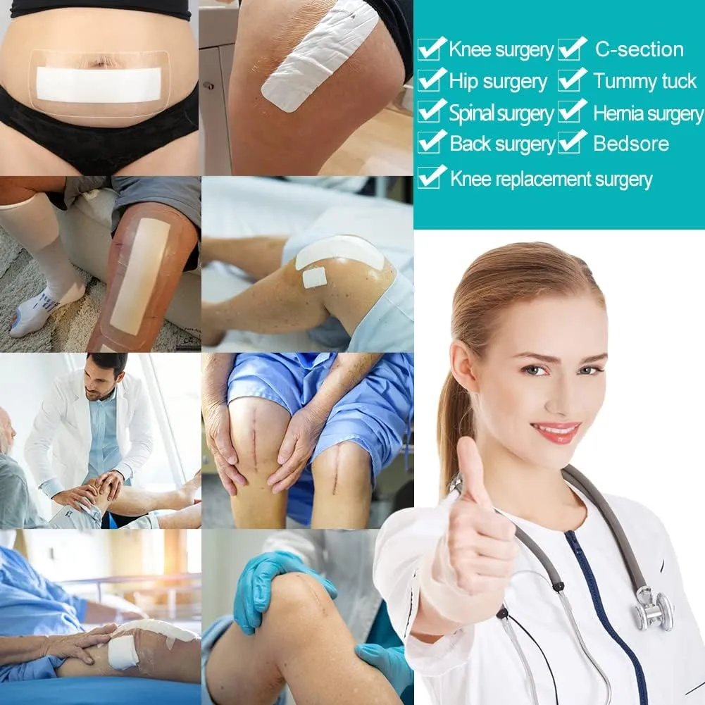 C-Section Waterproof Abdominal Incision Bandages Post Hysterectomy Tummy Tuck Shower Protector Scar Cover with Protective Pad Patches Island Dressing Tapes Large Wound Care Supplies 4x12 Pack of 25