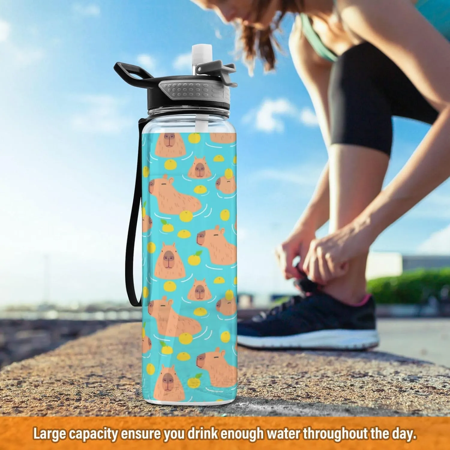 Caikeny Cute Capybaras Water Bottle with Straw Lemon Sports Bottles BPA-Free Tritan Water Jug with Carrying Strap for Gym Office Outdoor Sports