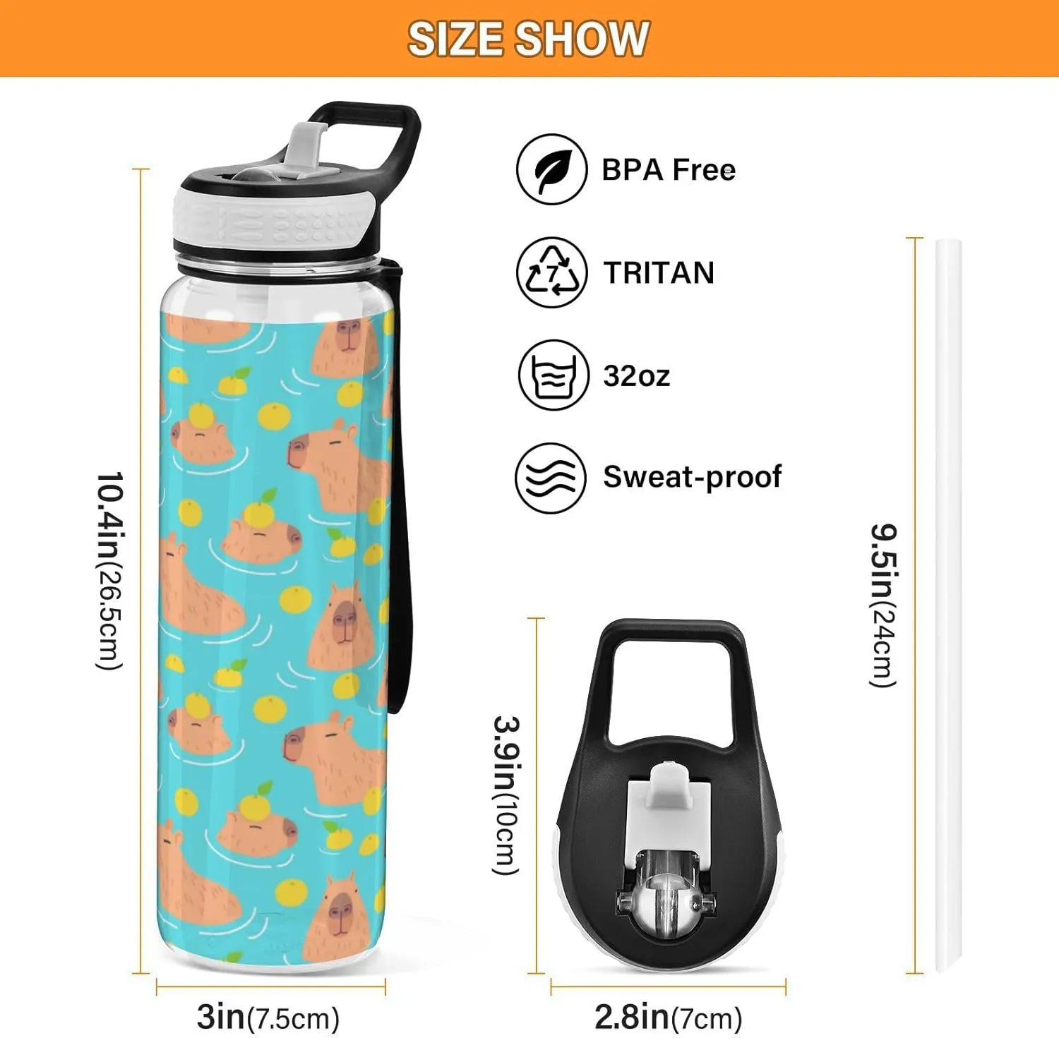 Caikeny Cute Capybaras Water Bottle with Straw Lemon Sports Bottles BPA-Free Tritan Water Jug with Carrying Strap for Gym Office Outdoor Sports