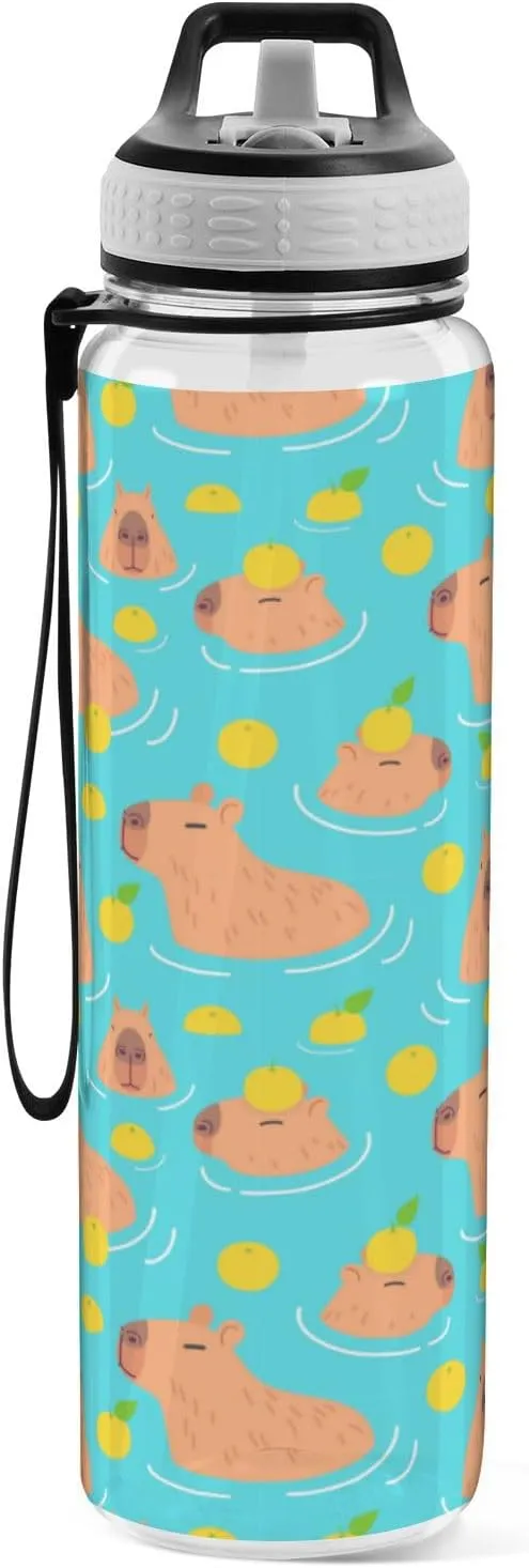 Caikeny Cute Capybaras Water Bottle with Straw Lemon Sports Bottles BPA-Free Tritan Water Jug with Carrying Strap for Gym Office Outdoor Sports