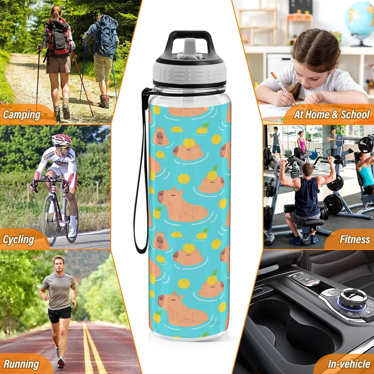 Caikeny Cute Capybaras Water Bottle with Straw Lemon Sports Bottles BPA-Free Tritan Water Jug with Carrying Strap for Gym Office Outdoor Sports