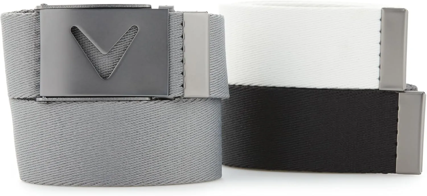 Callaway Men's V-Logo Web Golf Belt, Durable Textured Stretch Material, Metal Tip & Adjustable Buckle, Solid Color