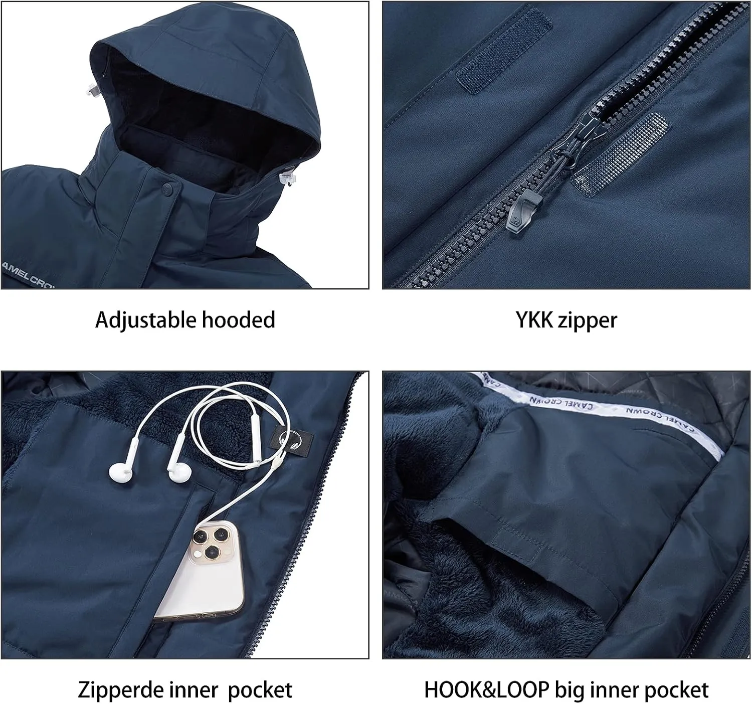 CAMEL CROWN Women’s Mountain Snow Waterproof Ski Jacket Detachable Hood Windproof Fleece Parka Rain Jackt Winter Coat