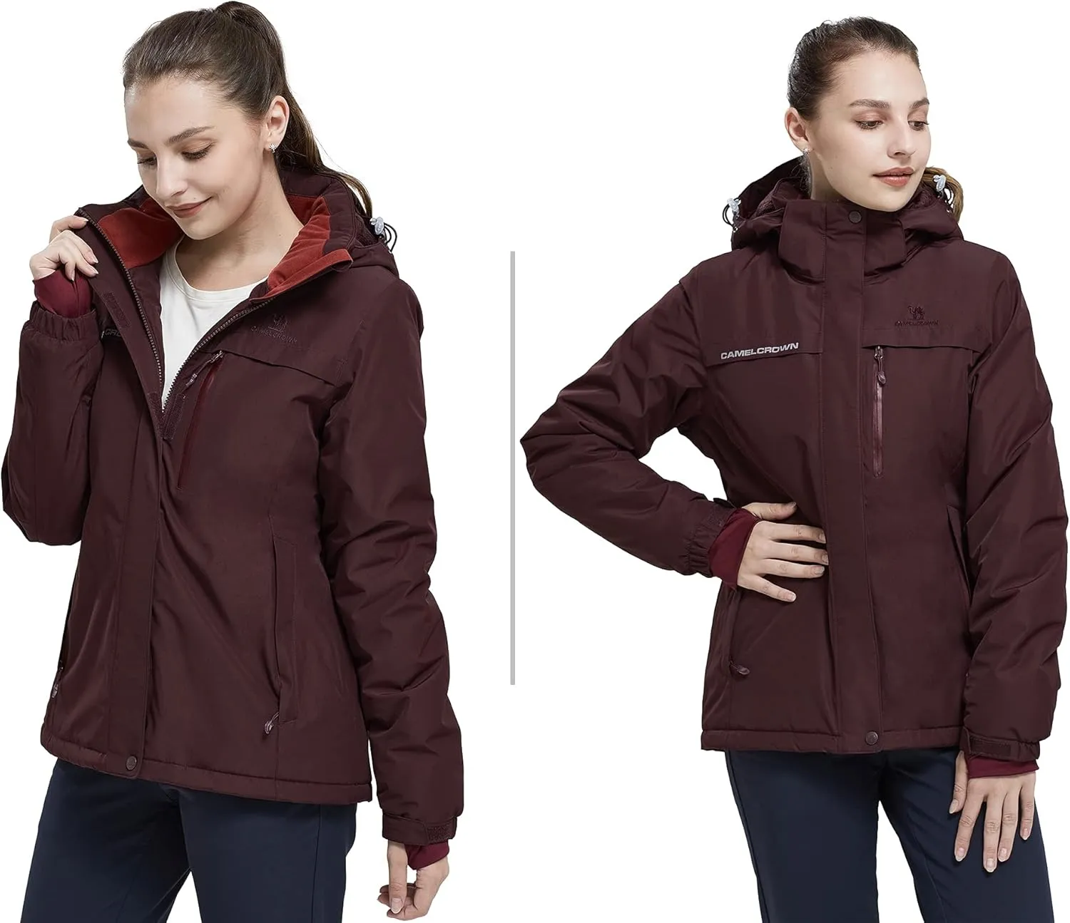 CAMEL CROWN Women’s Mountain Snow Waterproof Ski Jacket Detachable Hood Windproof Fleece Parka Rain Jackt Winter Coat