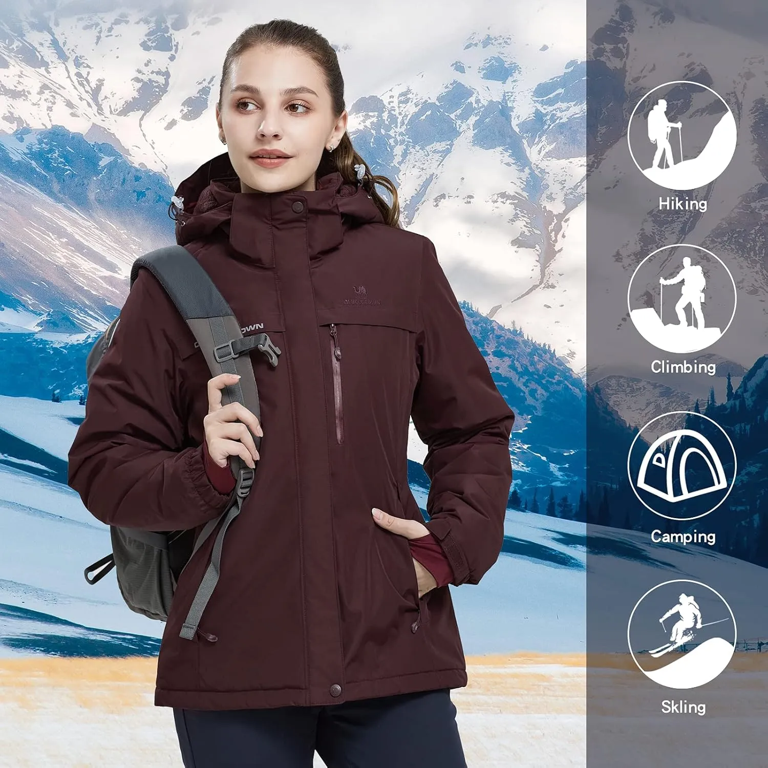 CAMEL CROWN Women’s Mountain Snow Waterproof Ski Jacket Detachable Hood Windproof Fleece Parka Rain Jackt Winter Coat