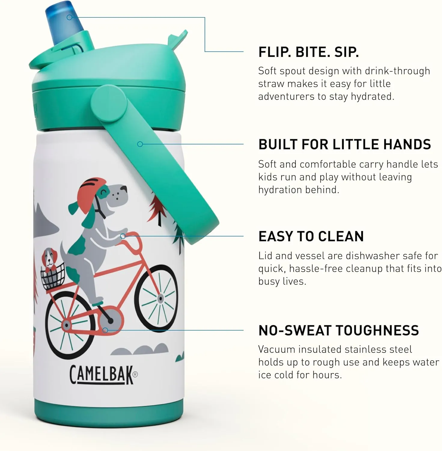 CamelBak Thrive Flip Straw Kids Bite Valve Insulated Stainless Steel Water Bottle Biking Dogs, 12oz