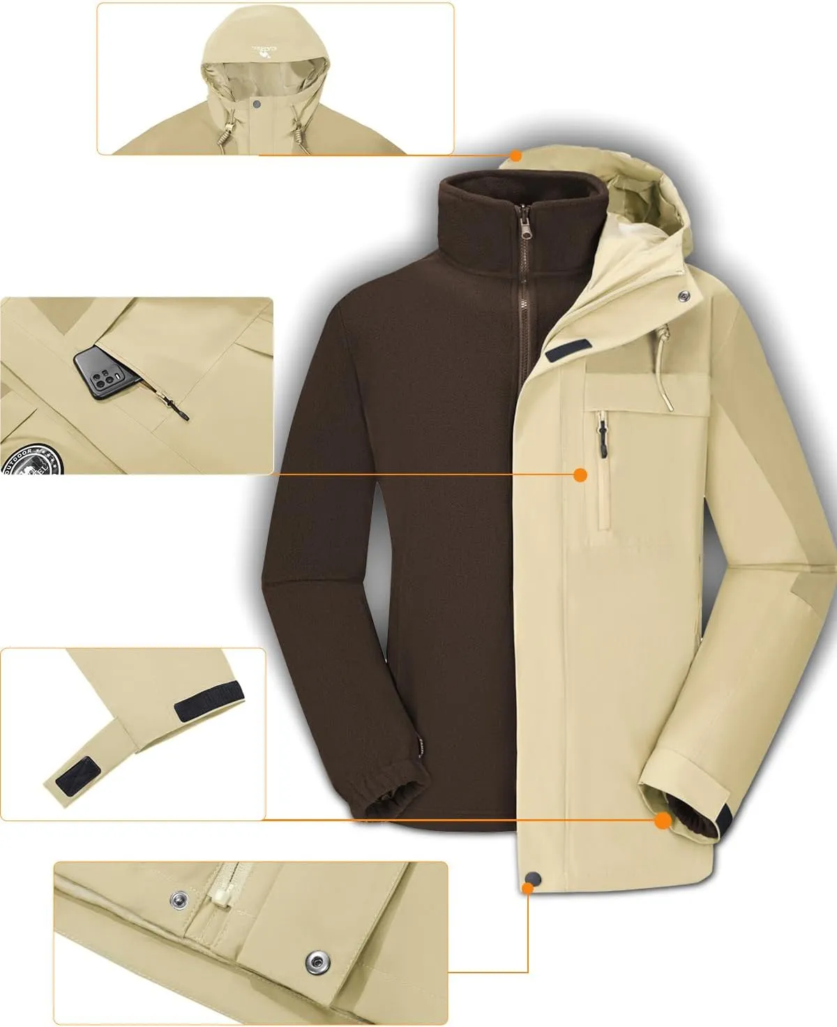 CAMELSPORTS Men's Mountain Ski Jacket 3 in 1 Waterproof Winter Jacket Warm Snow Jacket Hooded Rain Coat Windproof Winter Coat