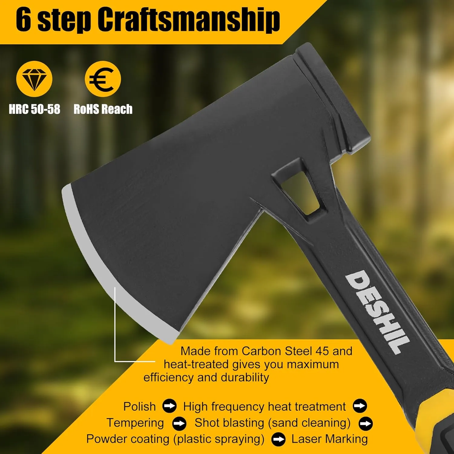 Camp Axe, 14" Full Tang Camping Hatchet, Forged Carbon Steel Heat Treated Hand Axe Tool, Fiberglass Shock Reduction Handle, Ideal for Camping, Splitting, Kindling & Survival