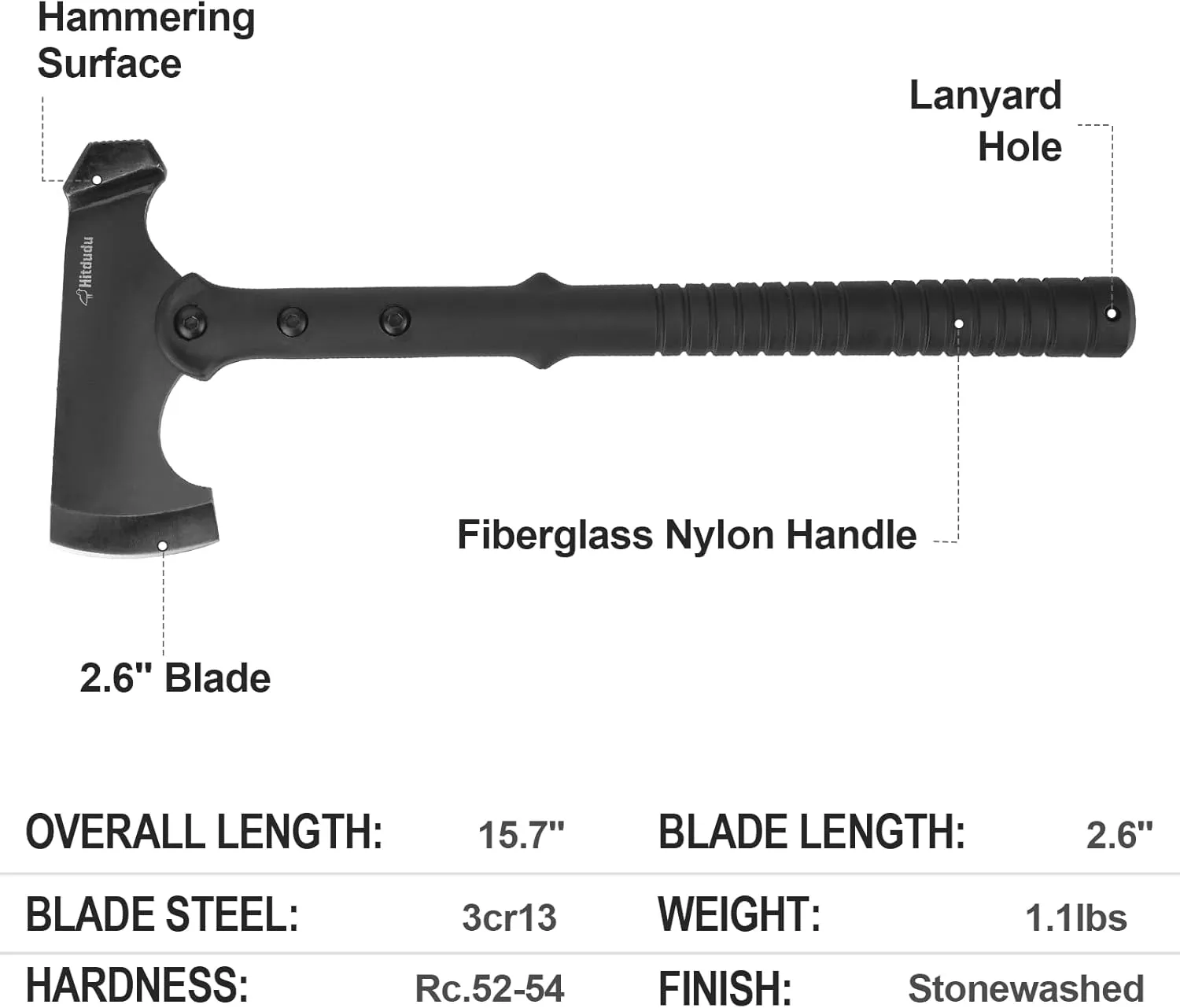 Camping Axe and Hatchet, 15.7" Tactical Tomahawk with Hammer Face, Nylon Fiber Handle for Outdoor Survival Hiking Camping