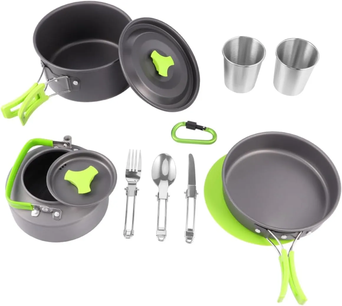 Camping Cookware Set Professional Utensils 12-Piece Portable Non-Stick Cooking Kit Compact for Outdoor Cooking Green
