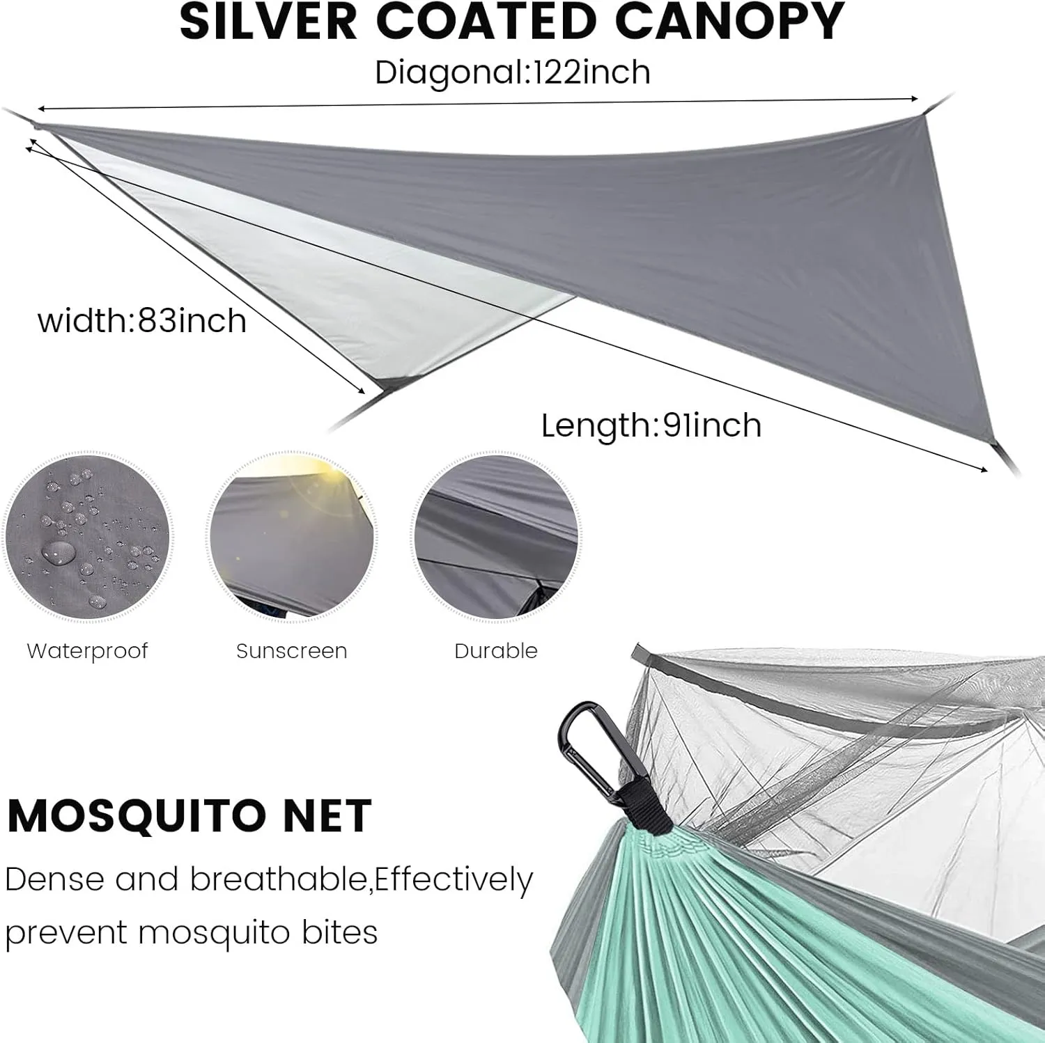 Camping Hammock with Rain Fly Mosquito Net, Waterproof Portable Nylon Hammock Tent Set with Pocket for Backpacking Hiking Travel Outdoor (Mint Green)