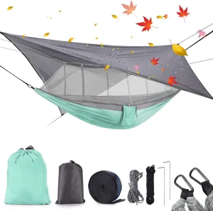 Camping Hammock with Rain Fly Mosquito Net, Waterproof Portable Nylon Hammock Tent Set with Pocket for Backpacking Hiking Travel Outdoor (Mint Green)