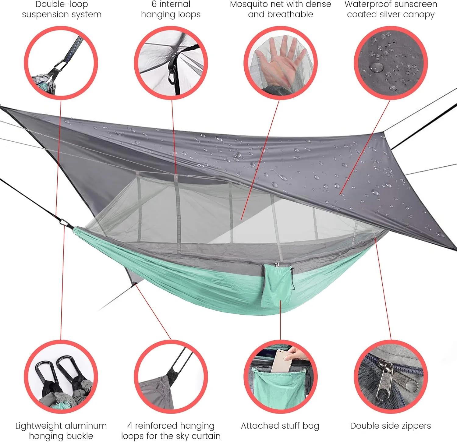 Camping Hammock with Rain Fly Mosquito Net, Waterproof Portable Nylon Hammock Tent Set with Pocket for Backpacking Hiking Travel Outdoor (Mint Green)