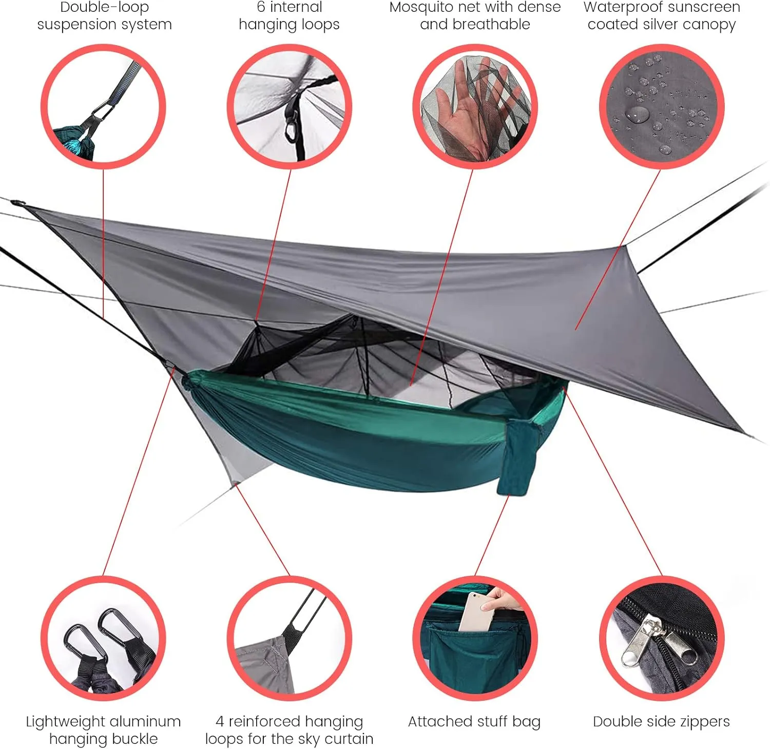 Camping Hammock with Rain Fly Mosquito Net, Waterproof Portable Nylon Hammock Tent Set with Pocket for Backpacking Hiking Travel Outdoor (Peacock Blue)