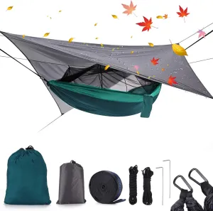Camping Hammock with Rain Fly Mosquito Net, Waterproof Portable Nylon Hammock Tent Set with Pocket for Backpacking Hiking Travel Outdoor (Peacock Blue)