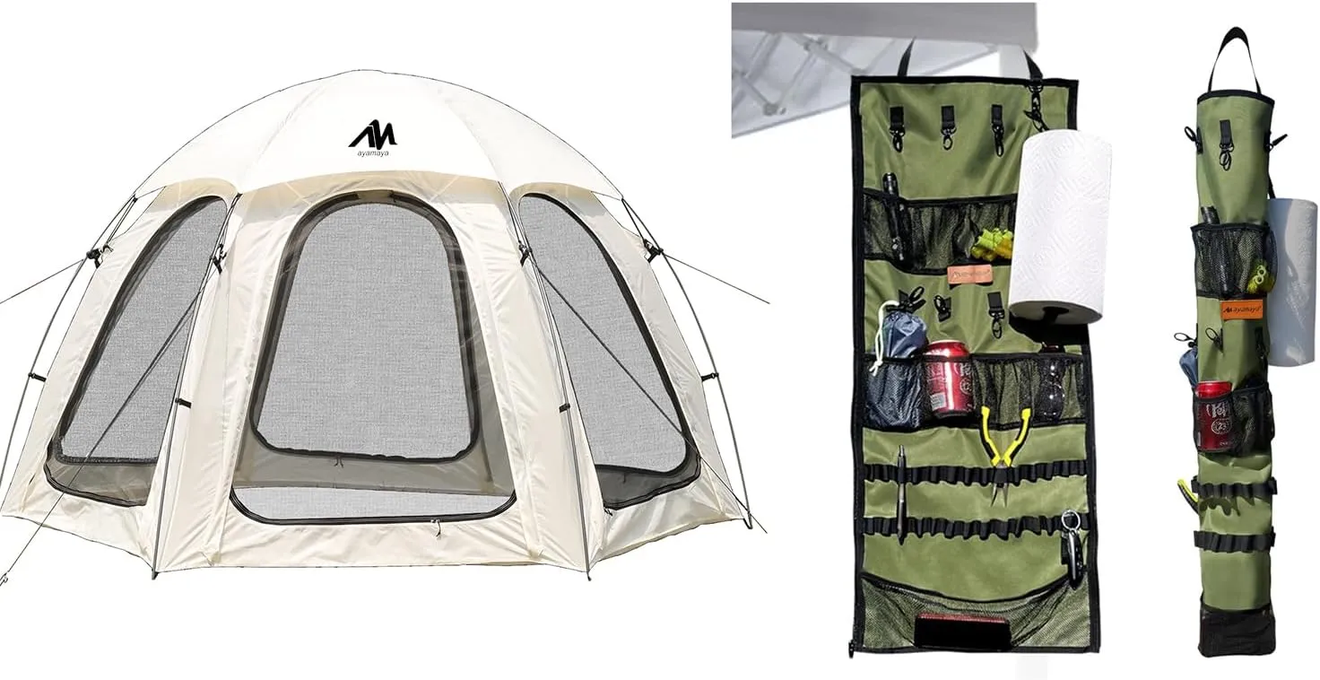 Camping Hanging Organizer   Screen Tent, 10x10 FT Outdoor Camping Tentwith Removable Waterproof Rainfly & Ground Sheet & Tent Organizer for Inside with Campsite Storage Straps