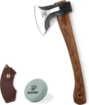 Camping Hatchet, 14.2-inch Splitting Axe with Leather Sheath, Chopping Axe 1065 High Manganese Steel and Hickory Handle