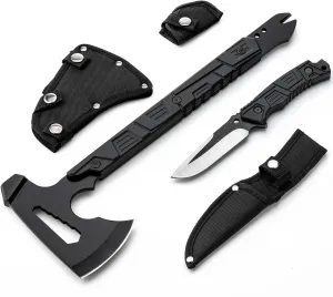 Camping Hatchet & Fixed Blade Hunting Knives with Sheath,17.5in Full Tang Survival Axe for Outdoor Camping Survival and Chopping Wood, Black