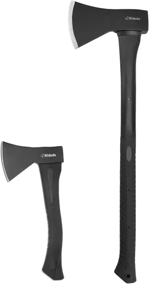 Camping Hatchet and Splitting Axe Set, 14" Camping Axe   27" Chopping Axe, Forged Carbon Steel Heat Treated Blade, Fiberglass Shock Reduction Handle