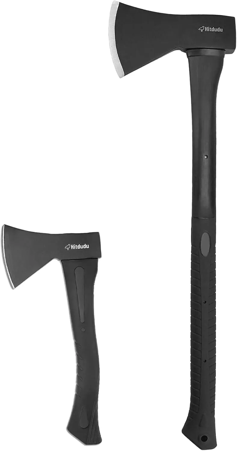 Camping Hatchet and Splitting Axe Set, 14" Camping Axe   27" Chopping Axe, Forged Carbon Steel Heat Treated Blade, Fiberglass Shock Reduction Handle