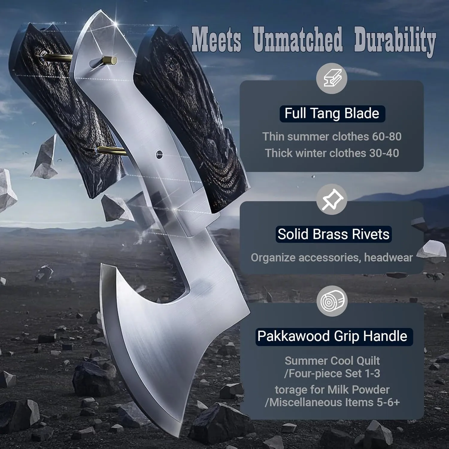 Camping Hatchet Overall 8.5in w/4in Blade, Compact Camp Axe Stainless Steel Blade and Comfortable Wooden Grip, Outdoor Hunting Survival Hiking Tactical Axe Tomahawk, Sheath Included