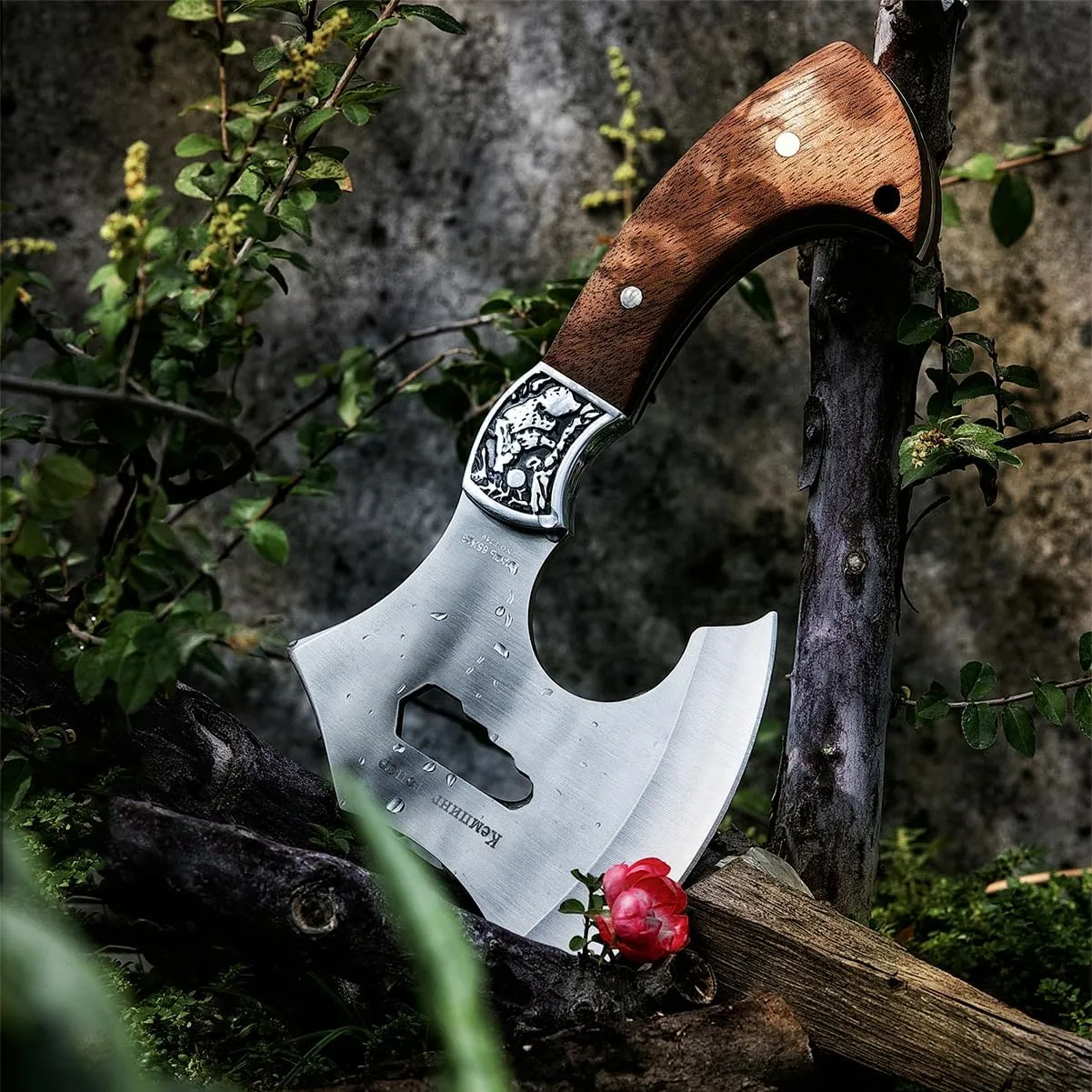 Camping Hatchet Overall 8.5in w/4in Blade, Compact Camp Axe Stainless Steel Blade and Comfortable Wooden Grip, Outdoor Hunting Survival Hiking Tactical Axe Tomahawk, Sheath Included