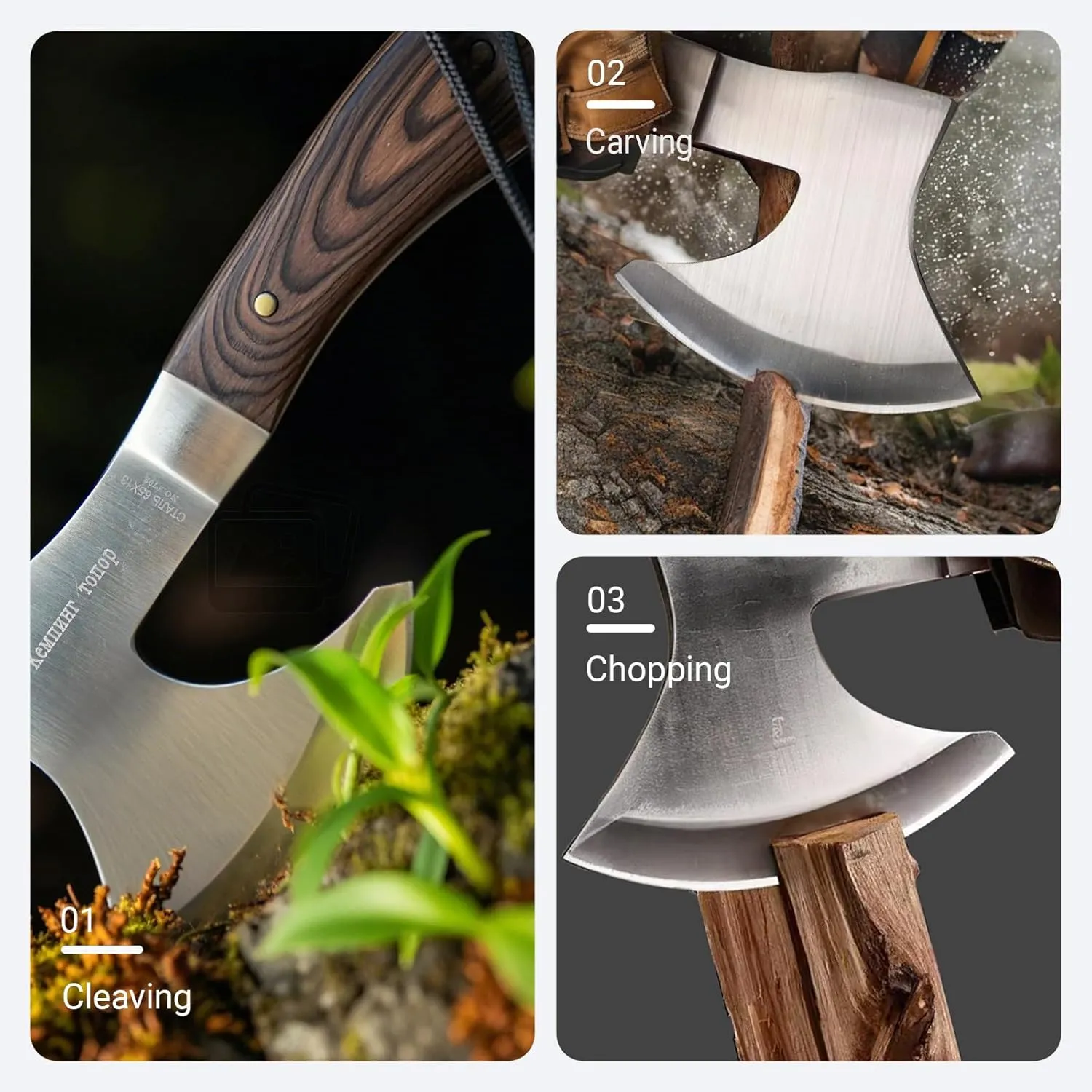 Camping Hatchet Overall 8.5in w/4in Blade, Compact Camp Axe Stainless Steel Blade and Comfortable Wooden Grip, Outdoor Hunting Survival Hiking Tactical Axe Tomahawk, Sheath Included