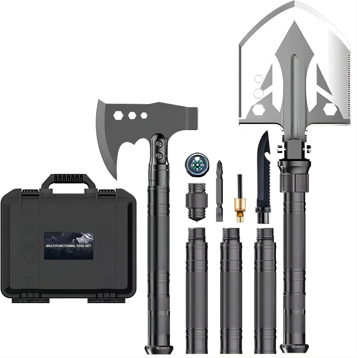 Camping Shovel Axe Outdoor Survival Shovel Set, Multifunctional Folding Tactical Shovel Hatchet Combo, High Carbon Steel Camping Equipment for Hiking Camping Hunting