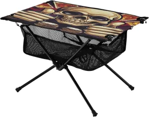 Camping Table Lightweight Portable Folding Table with Mesh Storage Net Skull Playing Cards Ideal for Camping Hiking Beach Picnic Travel Backyard