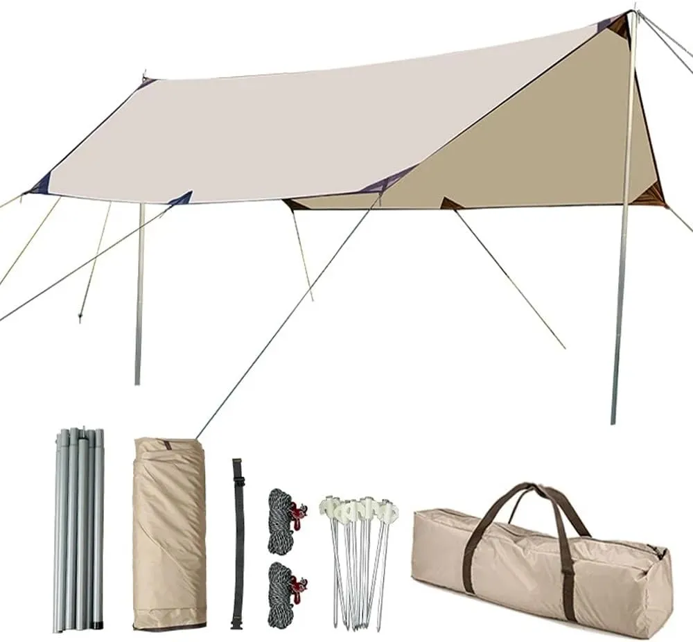 Camping Tarp 10×10ft with Poles Hammock Rain Fly Backpacking PU 3000mm Waterproof UV Protection with Tent Stakes, Ropes, Tensioners and Carry Bag for Camping,Hiking,Backpacking,Fishing(Size:10ftx13ft)