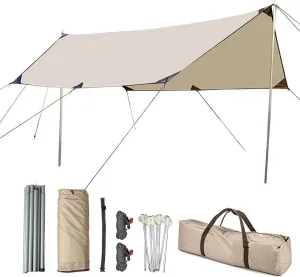 Camping Tarp 10×10ft with Poles Hammock Rain Fly Backpacking PU 3000mm Waterproof UV Protection with Tent Stakes, Ropes, Tensioners and Carry Bag for Camping,Hiking,Backpacking,Fishing(Size:10ftx13ft)