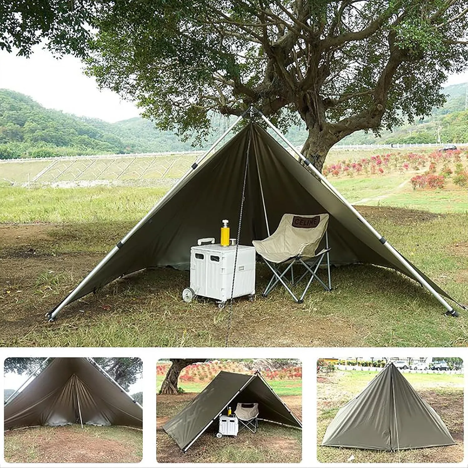 Camping Tarp Waterproof 3x3m, Portable Hammock Tarp, Multifunctional Sunscreen Awning Canopy with Silver Coating, Lightweight Survival Shelter for Outdoor Camping, Hiking & Backpacking
