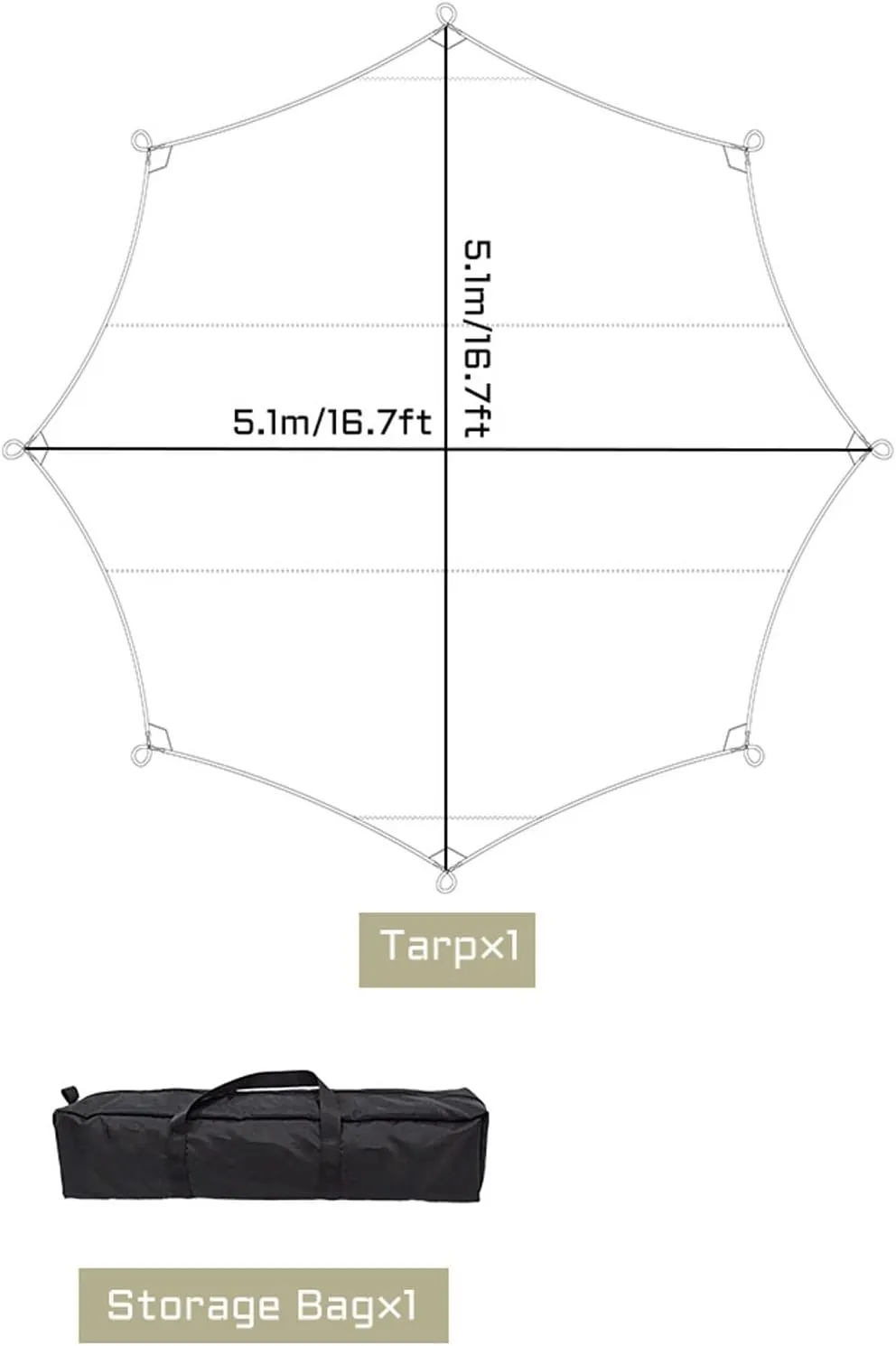Camping Tarp,5.1x5.1m Large Tarp Tent Octagon Sunshade Awning Ultra-Large Sun Shelter Ooutdoor Camping Canopy Pavilion Garden Pergola Travel